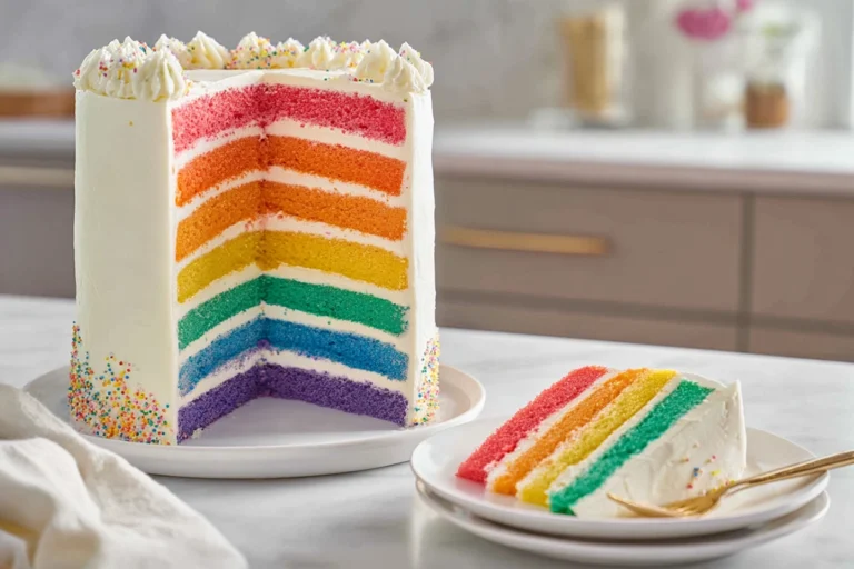 Colorful Layer Cake hero shot on modern kitchen counter with rainbow layers