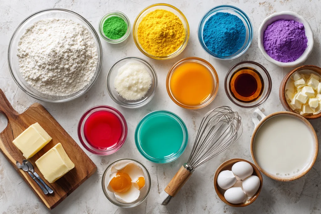 Overhead image of Colorful Layer Cake ingredients arranged in glass bowls