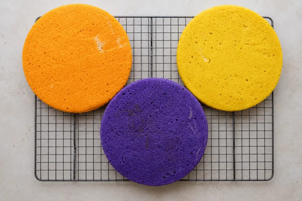 Colorful Layer Cake with Six Bright Celebration Layers 8 Orange yellow and purple colorful layer cake rounds cooling on a rack