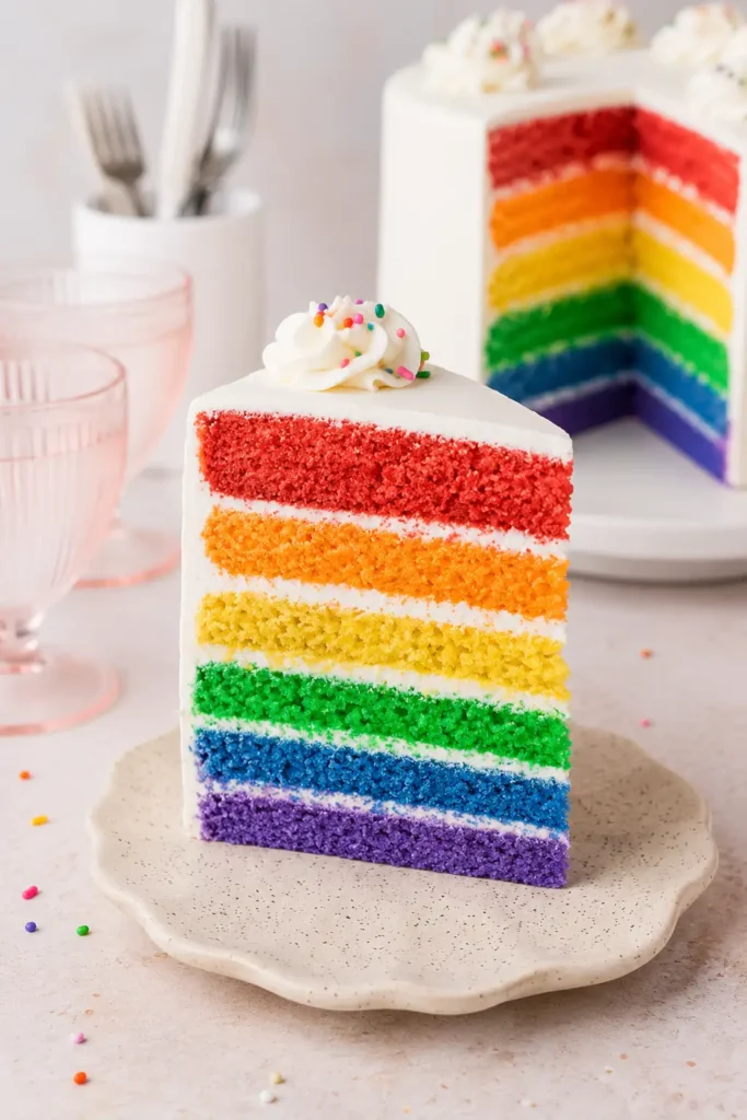 Colorful Layer Cake with Six Bright Celebration Layers 3 Colorful layer cake slice showing six soft vanilla cake layers