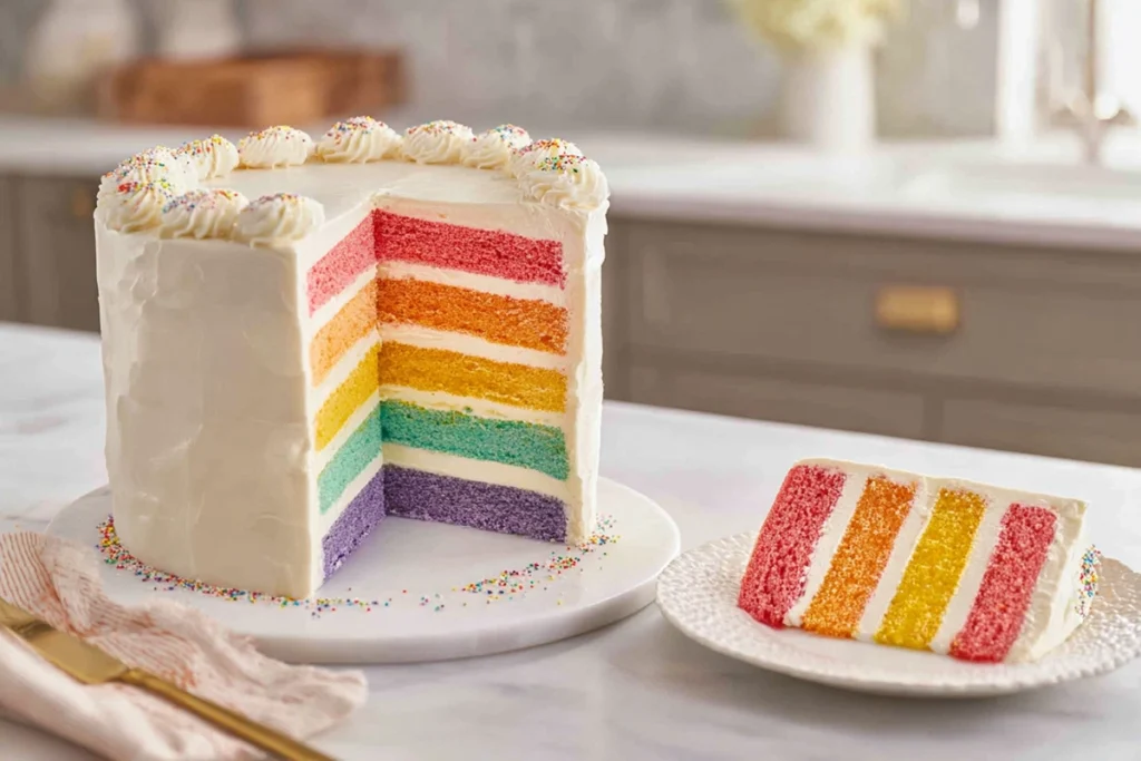 Stacking the layers of a Colorful Layer Cake during assembly