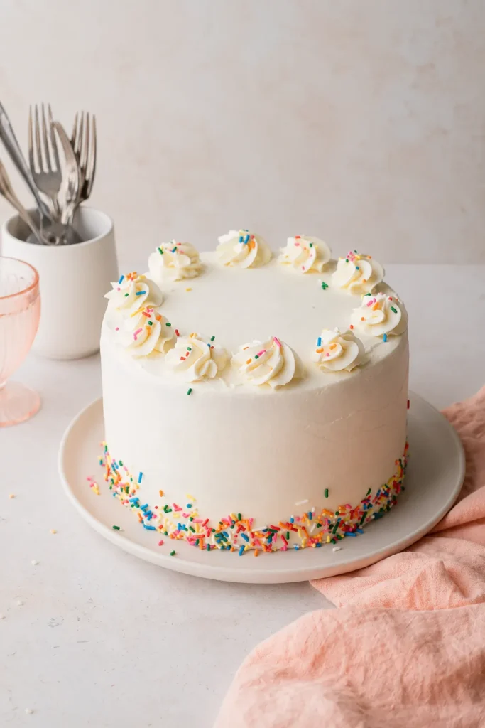 Colorful Layer Cake with Six Bright Celebration Layers 5 Colorful layer cake covered with vanilla buttercream and rainbow sprinkles