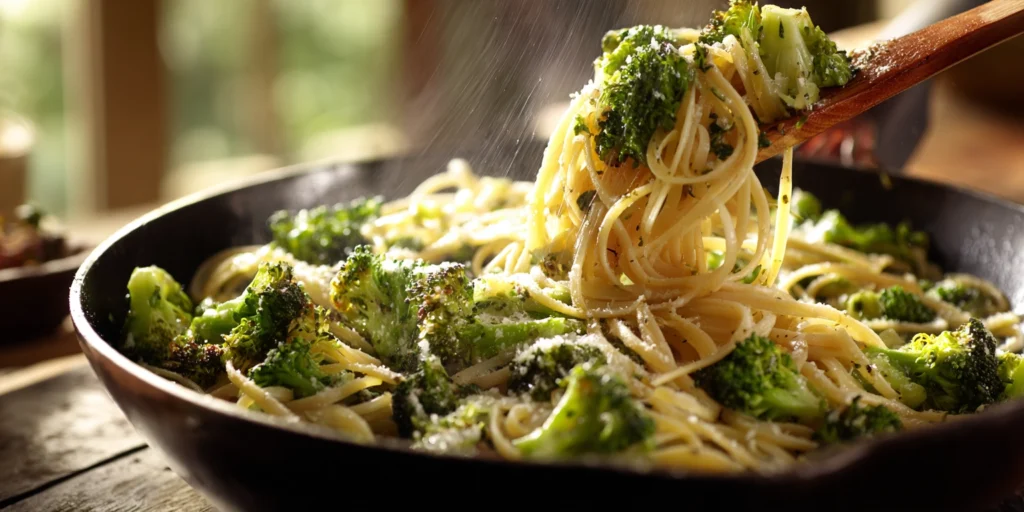 broccoli sautéing in olive oil and garlic for broccoli pasta