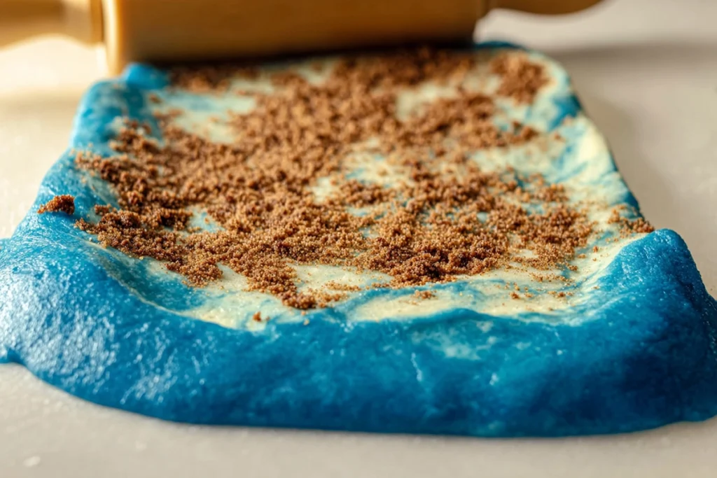 blue dough topped with cinnamon sugar and crushed cookies for cookie monster cinnamon rolls