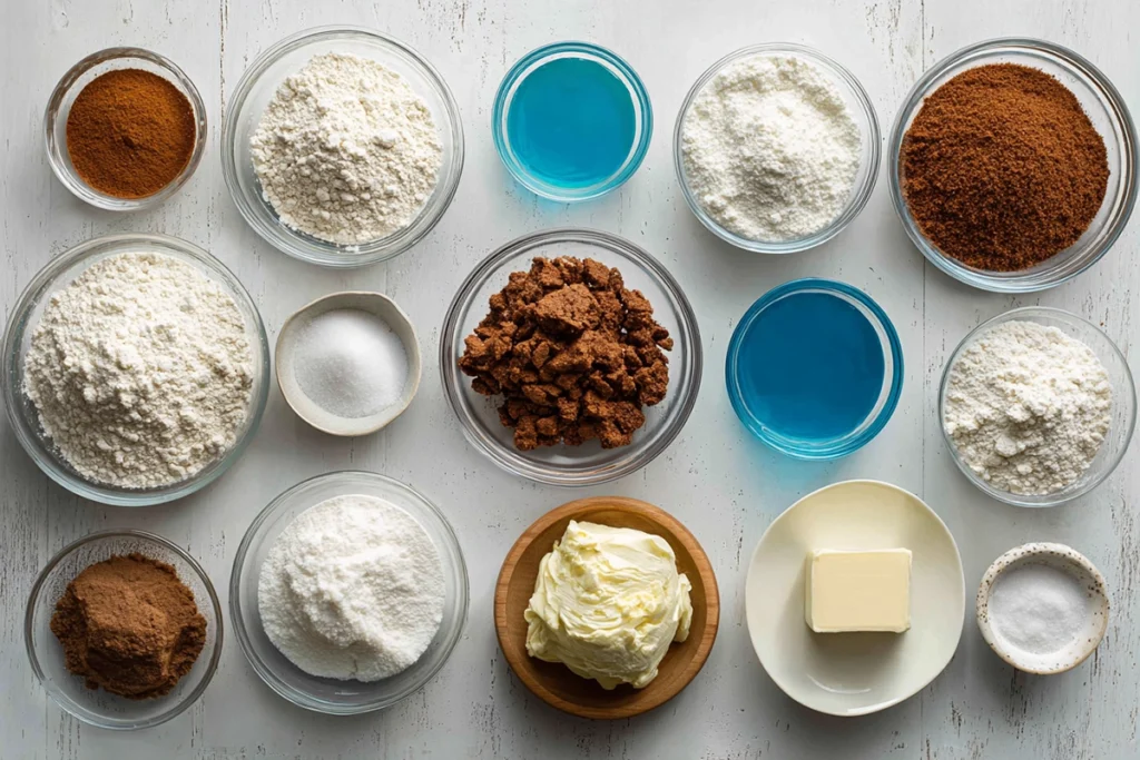 overhead photo of cookie monster cinnamon rolls ingredients arranged neatly in bowls