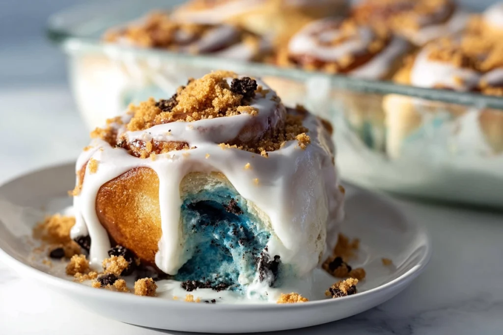 plated cookie monster cinnamon rolls with icing in a modern kitchen