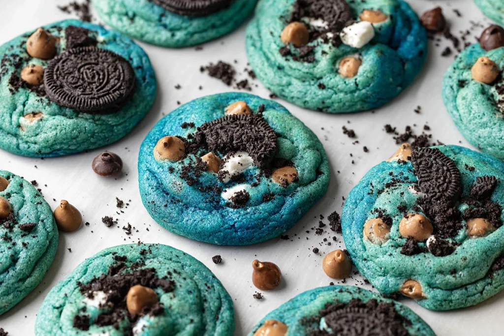 freshly baked cookie monster cookies cooling on wire rack