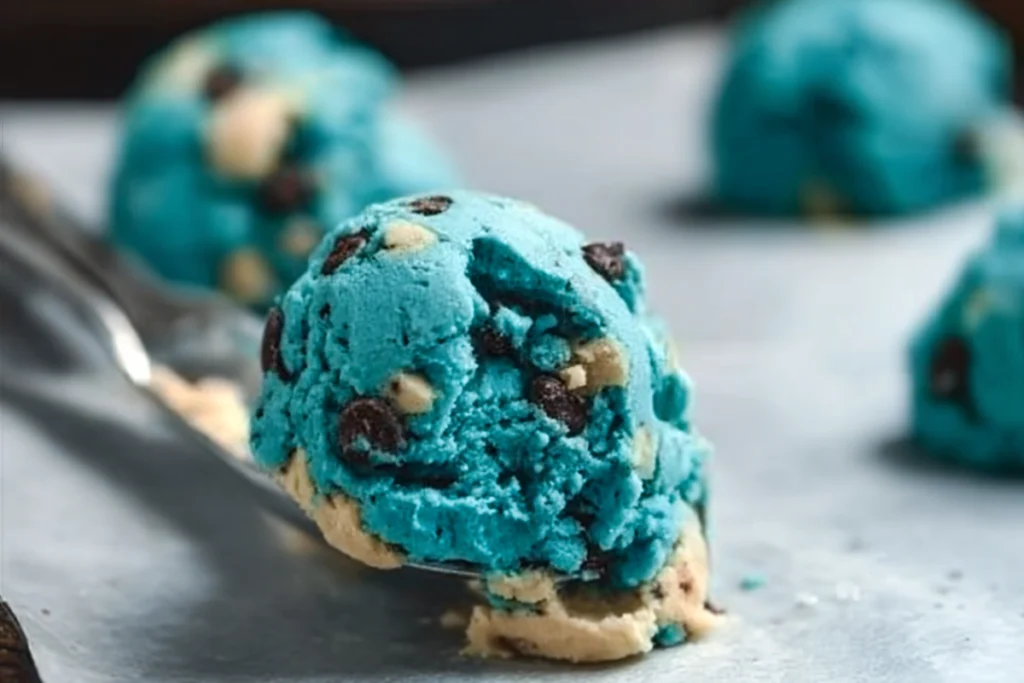 macro close-up of blue cookie monster cookie dough in a cookie scoop