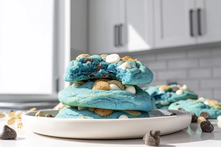 photorealistic cookie monster cookies on modern plate with vivid blue dough