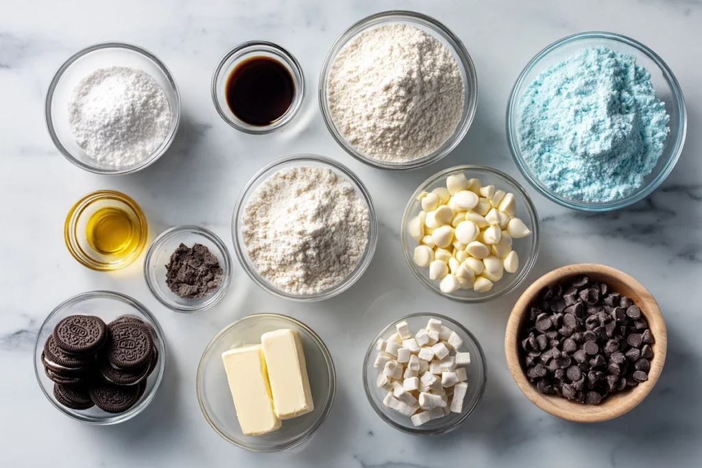overhead flat lay of cookie monster cookies ingredients in glass bowls