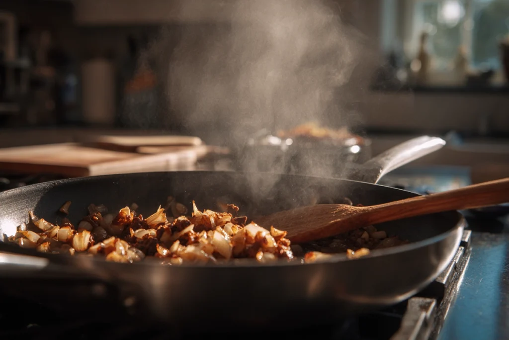 Sautéing onions garlic and ginger in a skillet for beef vindaloo curry base