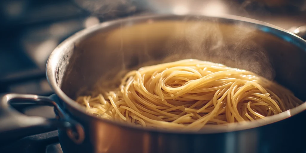 close-up of pasta swirling in boiling water for broccoli pasta