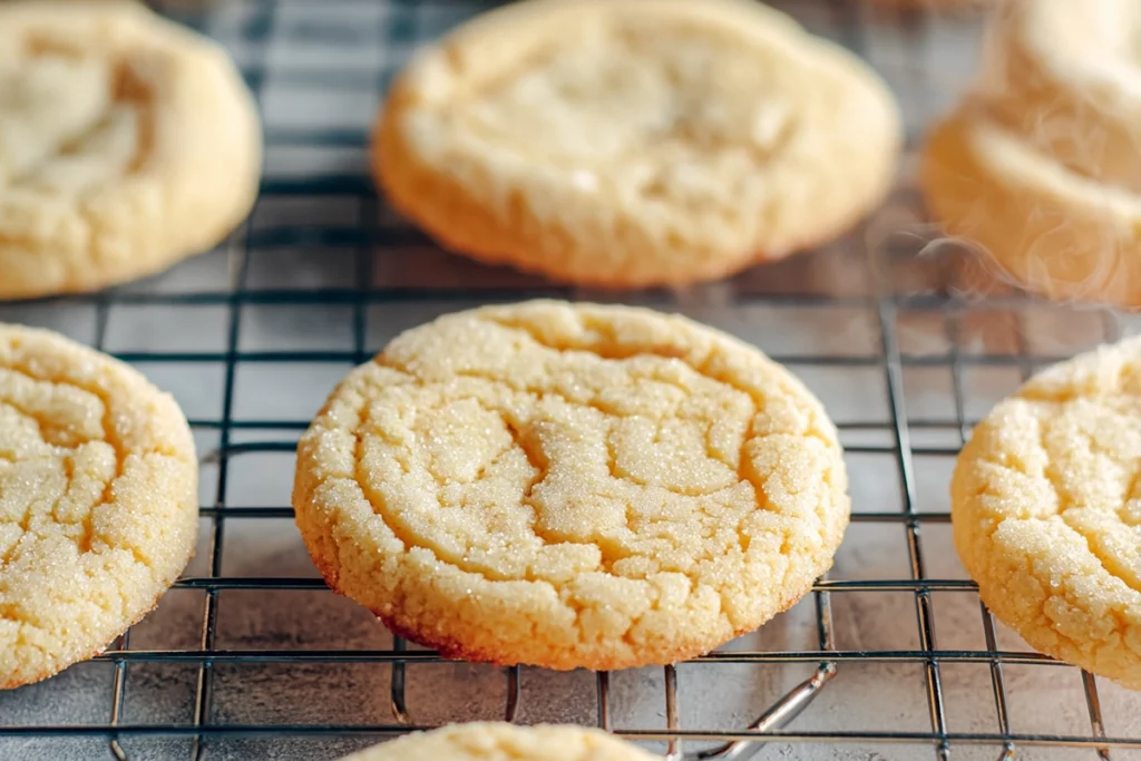 freshly baked vanilla sugar cookies cooling on wire rack in natural daylight