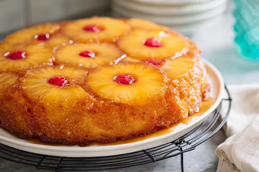 freshly flipped pineapple upside-down cake cooling on wire rack