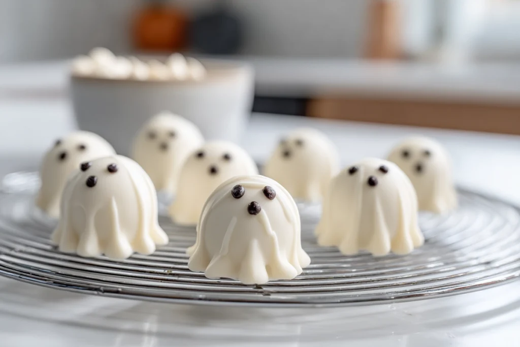 cooling rack with finished ghost oreo ball truffles coated in white chocolate