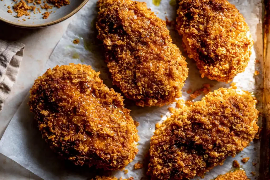 Baked Crunchy Hot Honey Chicken with a Cornflake Crust 3 Cornflake-coated Baked Crunchy Hot Honey Chicken arranged on a baking sheet