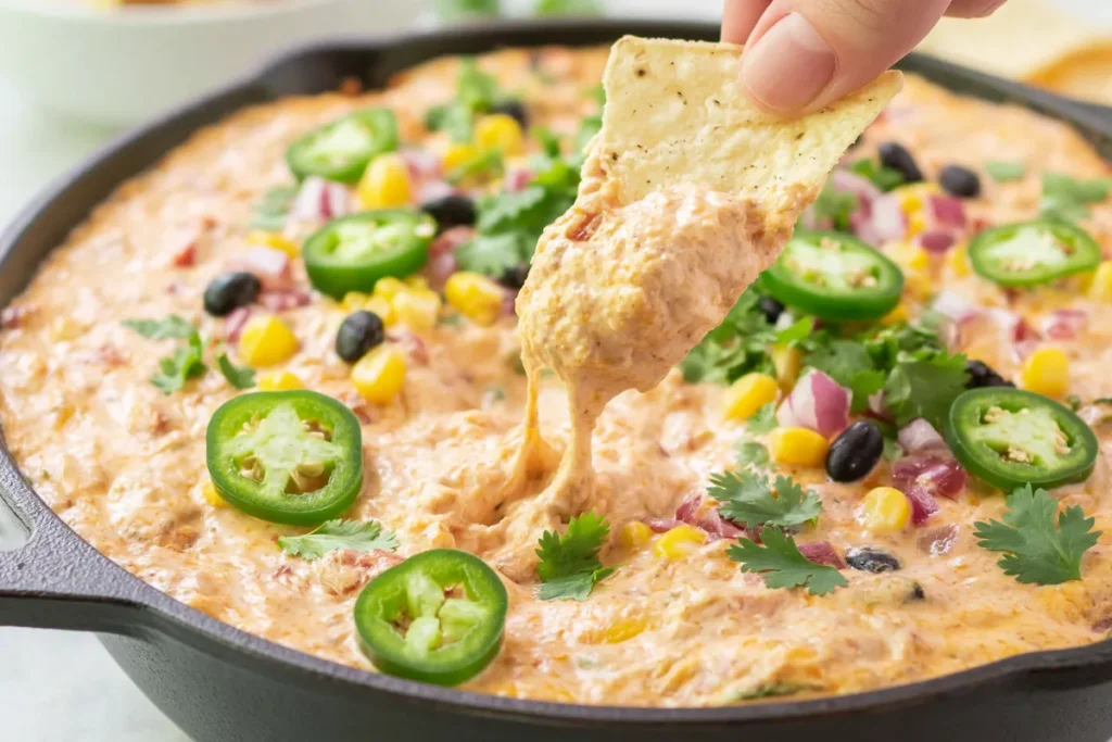 Creamy Cowboy Queso with tortilla chip and seasoned beef in a cast-iron skillet