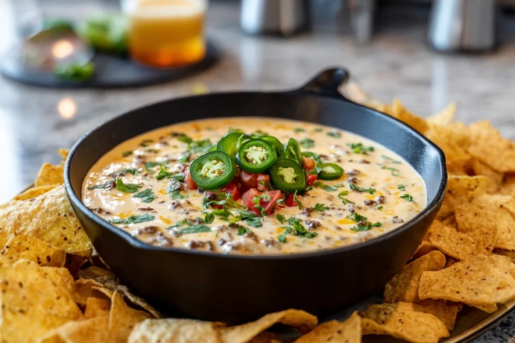 Cowboy Queso served in modern bowl with tortilla chips in bright kitchen setting