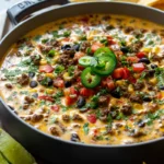 Cowboy Queso hero shot of creamy cheese dip with beef, beans, and corn in modern kitchen