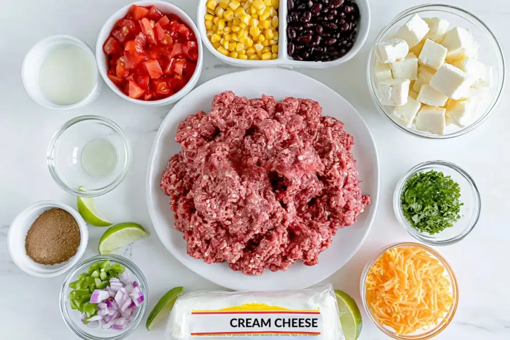 Cowboy Queso ingredients with ground beef cheese beans corn Rotel and jalapeño