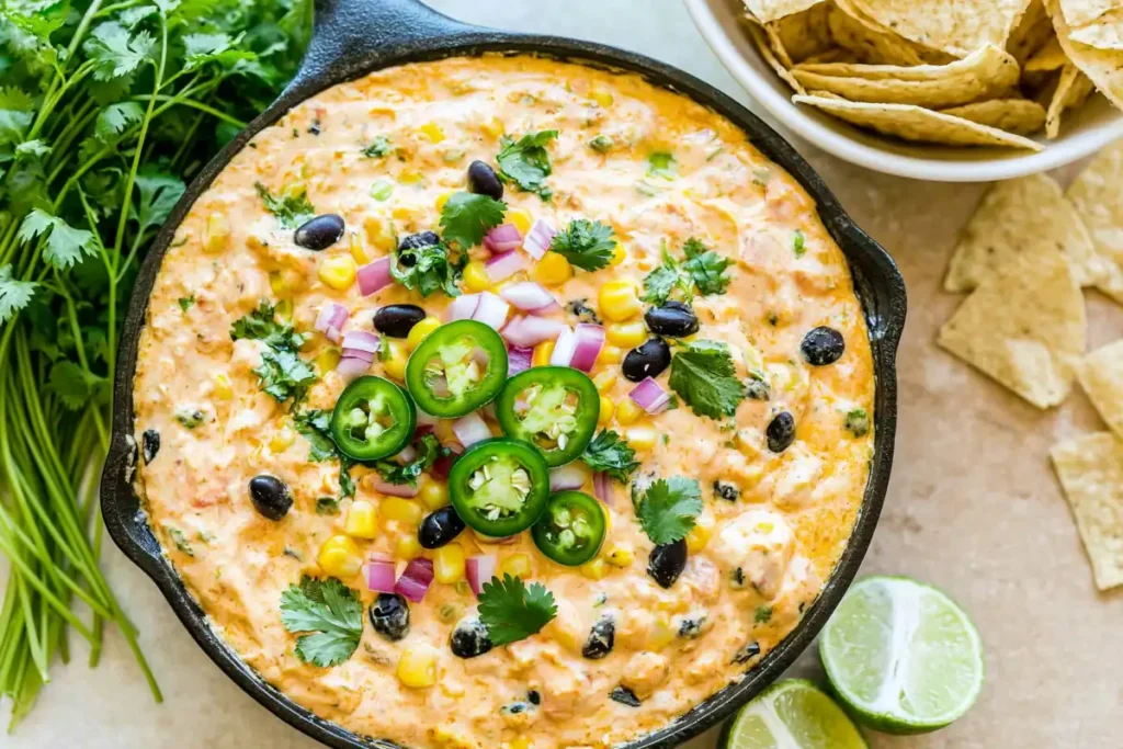 Cowboy Queso skillet with tortilla chips lime and fresh cilantro for serving leftovers