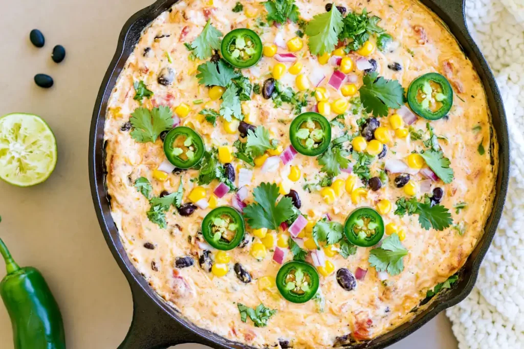 Finished Cowboy Queso skillet topped with beans corn jalapeño and cilantro beside tortilla chips