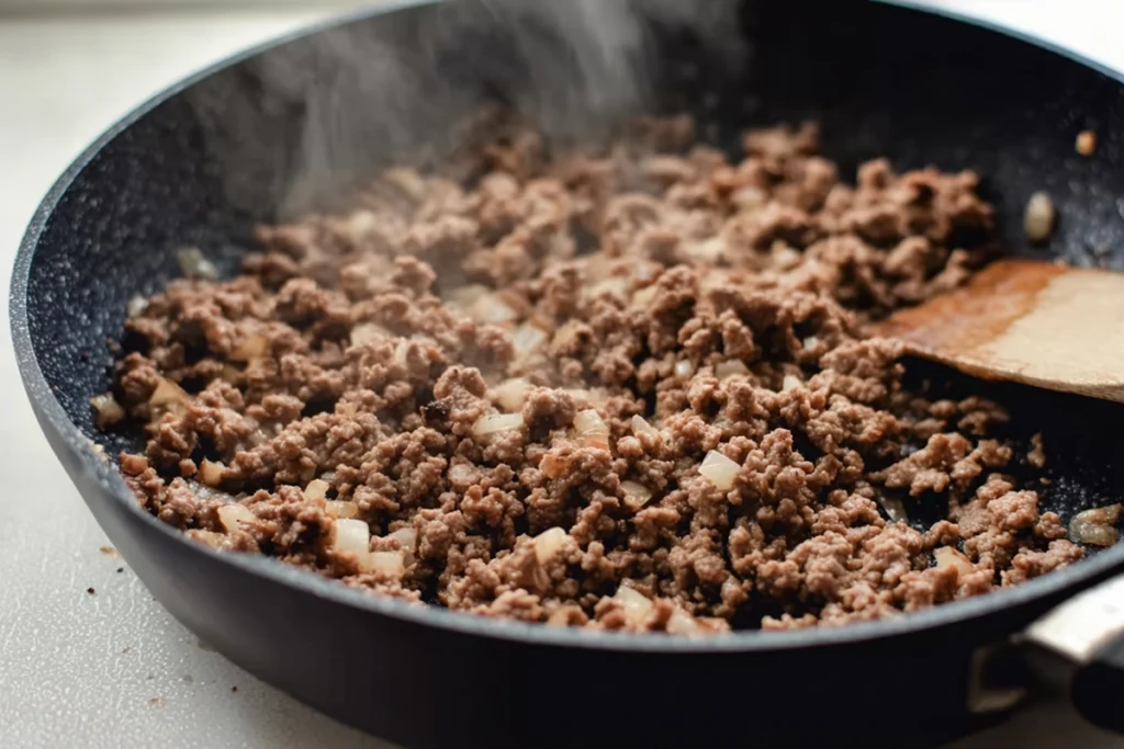 Cowboy Queso recipe step showing browned ground beef with onions and garlic in skillet