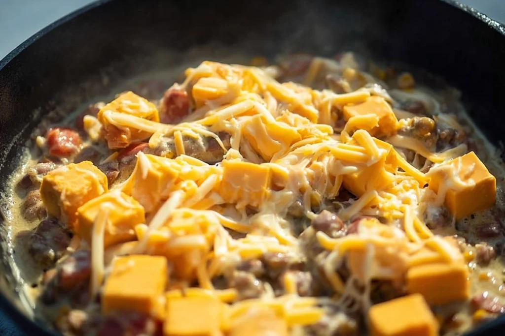 Cowboy Queso cooking step showing melting cheese with beans, corn, and tomatoes in skillet