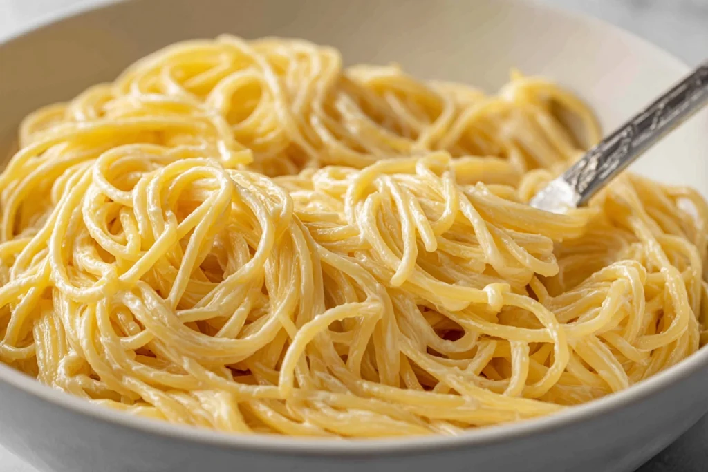Close-up of spaghetti being coated with cream cheese for Baked Cream Cheese Spaghetti Casserole