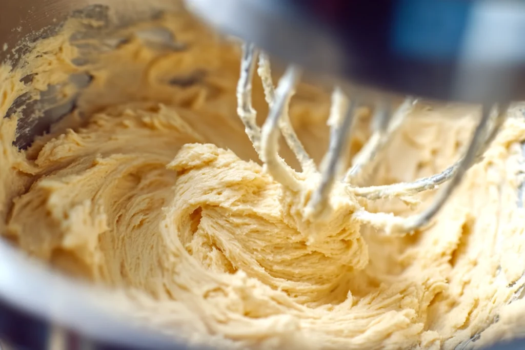 close-up of butter and sugar creamed together for vanilla sugar cookies