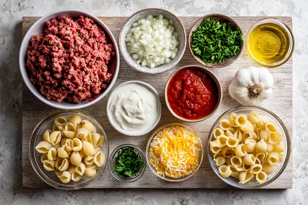 overhead flat lay of creamy beef and shells ingredients arranged neatly on wooden board in natural light