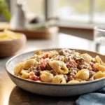 creamy beef and shells plated on modern white plate in bright kitchen setting