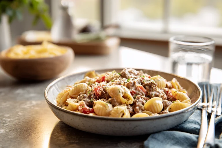 creamy beef and shells plated on modern white plate in bright kitchen setting
