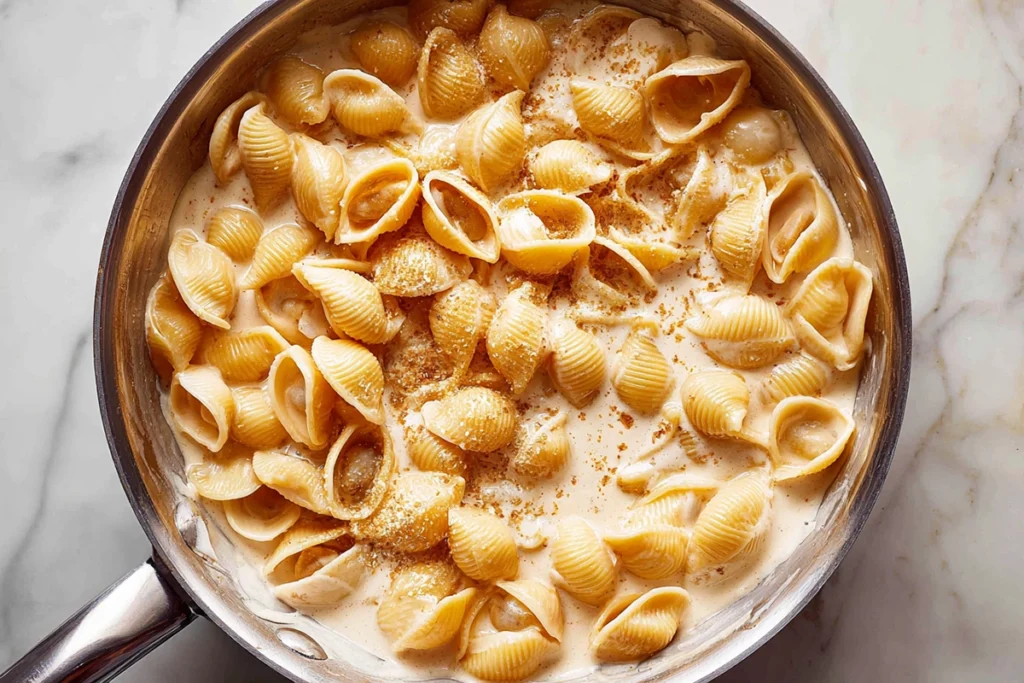 overhead photo of pasta shells being added to creamy beef sauce in skillet in modern kitchen