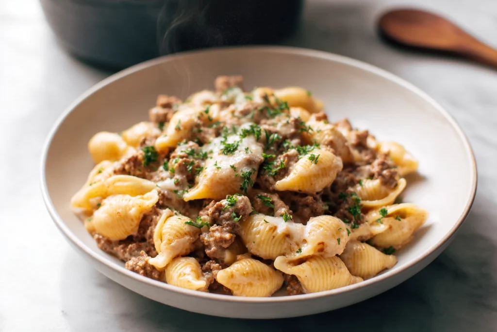 plated creamy beef and shells served on kitchen counter with fork and glass of water under natural daylight