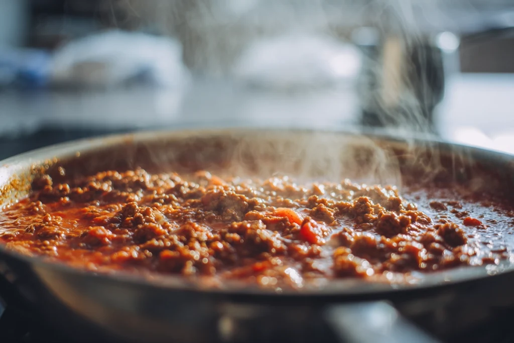 close-up of creamy beef and shells sauce simmering in stainless skillet under natural daylight