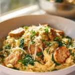 hero image of creamy chicken sausage orzo in a modern kitchen