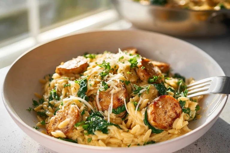 hero image of creamy chicken sausage orzo in a modern kitchen