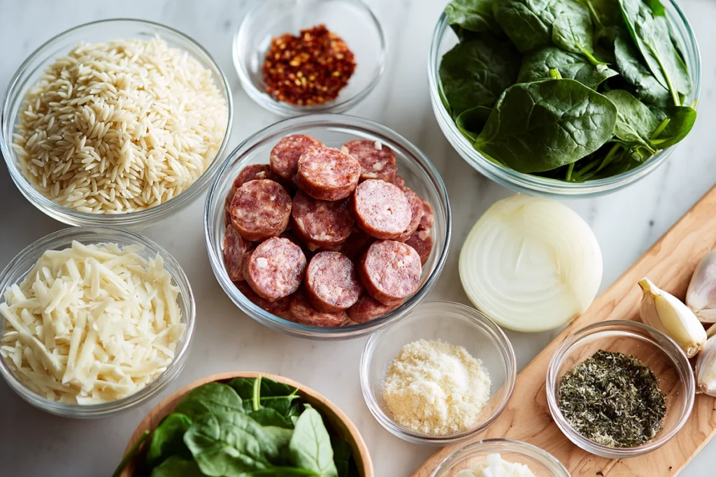 Creamy Chicken Sausage Orzo: A Cozy One-Pan Dinner You’ll Make on Repeat 7 ingredients for creamy chicken sausage orzo arranged in bowls and on a board