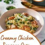 pinterest image featuring creamy chicken sausage orzo recipe