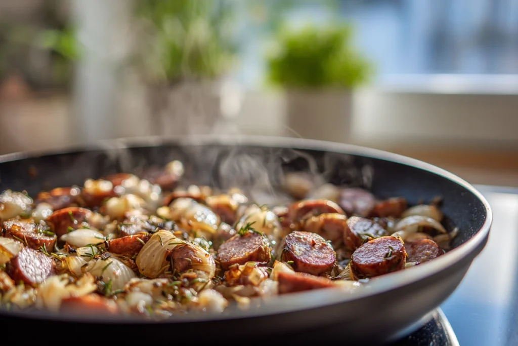 Creamy Chicken Sausage Orzo: A Cozy One-Pan Dinner You’ll Make on Repeat 8 close-up of orzo simmering with broth and cream for creamy chicken sausage orzo