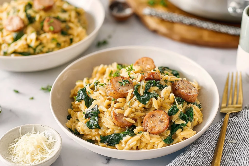 Creamy Chicken Sausage Orzo: A Cozy One-Pan Dinner You’ll Make on Repeat 10 serving bowls of creamy chicken sausage orzo in a modern kitchen setting