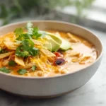 bowl of creamy chicken tortilla soup with tortilla strips and avocado in modern kitchen