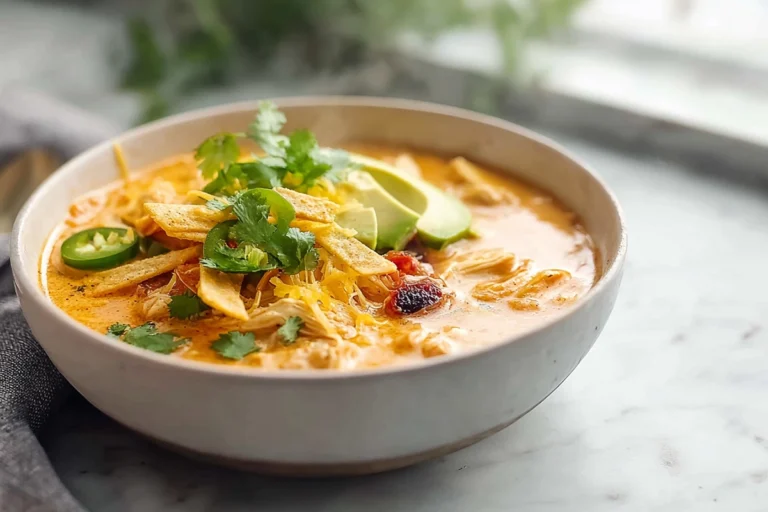 bowl of creamy chicken tortilla soup with tortilla strips and avocado in modern kitchen