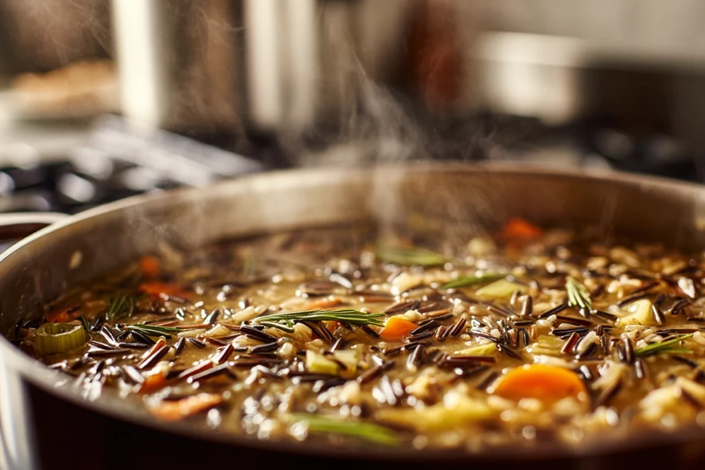 wild rice and broth added to pot for creamy chicken wild rice soup