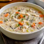 creamy chicken wild rice soup in a modern bowl with fresh herbs
