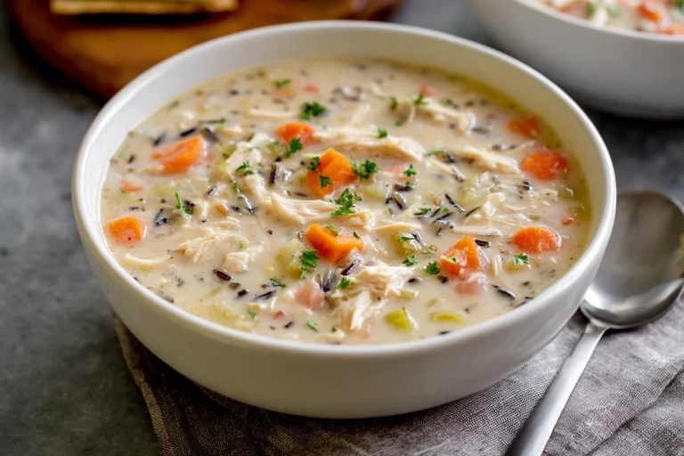 creamy chicken wild rice soup in a modern bowl with fresh herbs