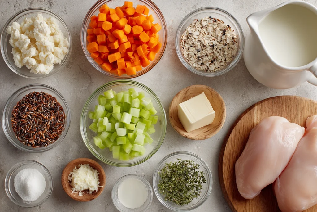 overhead ingredients for creamy chicken wild rice soup arranged neatly
