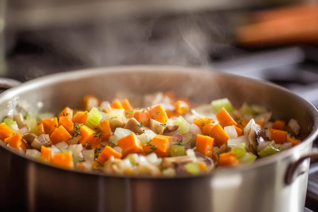sautéed vegetables for creamy chicken wild rice soup in a stainless pot