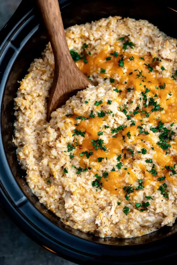 Crock Pot Chicken and Rice for Cozy Weeknight Dinners 2 Creamy Crock Pot Chicken and Rice with cheddar cheese in a black slow cooker
